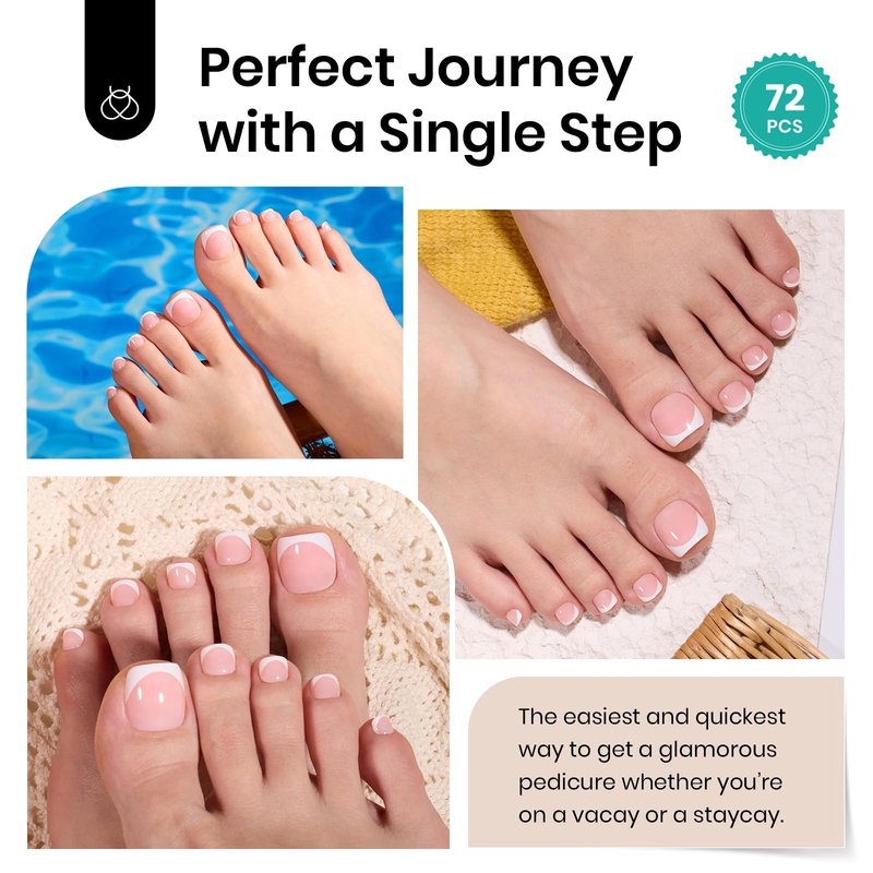 Beetles Toe Nail Press Ons Short - White French Tips Press On Toe Nails Square for Women - Perfect fit for feet with Jelly Glue Fast Dry Glue Fake Toenails in 18 Sizes- 72 Toenails Kit