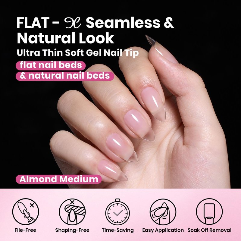Beetles Medium Almond Nail Tips, 320pcs 16 Sizes(00-14), Pre-Etched Half-Matte Full Cover Soft Gel Nail Tips Flat-X, Clear Press On Fake Nails Acrylic, Easy DIY Nail Extension Salon Gift for Women