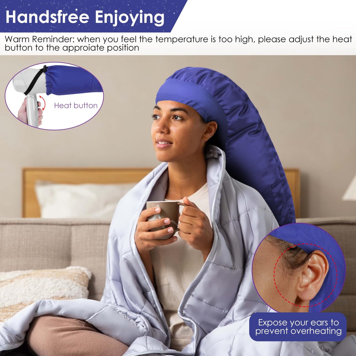 TEPENAR Hair Dryer Bonnet Attachment: Upgraded Extra Large Hooded Dryer Adjustable Hair Dryer Caps - Easy to Use for Natural Curly Textured Hair Care Styling Fast Drying - Dark Blue