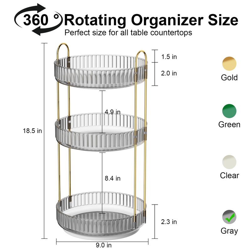 GTI 360°Rotating Makeup Organizer, 3 Tier Large Capacity Perfume Cosmetics Skincare Vanity Organizers,Bathroom Counter Organizer, Dresser Spinning Countertop Organizer and Storage for Women (Grey)