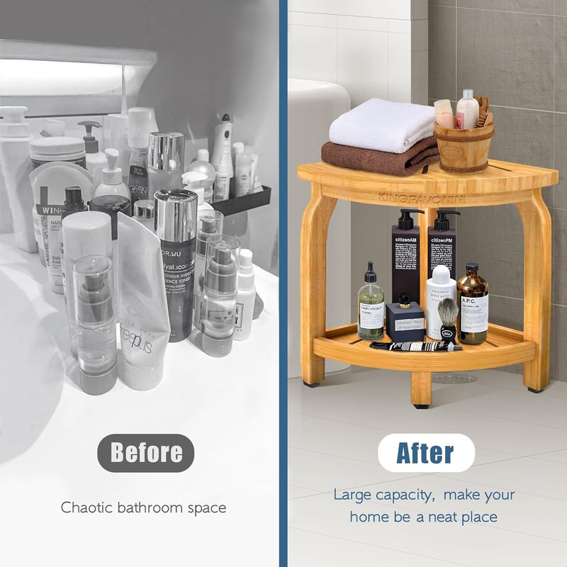 Bamboo Corner Shower Stool - Waterproof Bath Bench Seat with Storage Shelf | Holds Up to 450 lbs