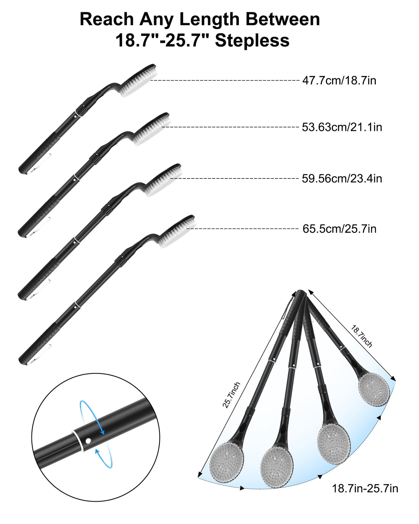 Back Scrubber for Shower, 17.52" - 25.7” Telescopic Back Washer for Shower with Anti-Slip Long Handle, Soft Nylon Bristles, Detachable Back Brush for Shower for Men Women Elderly