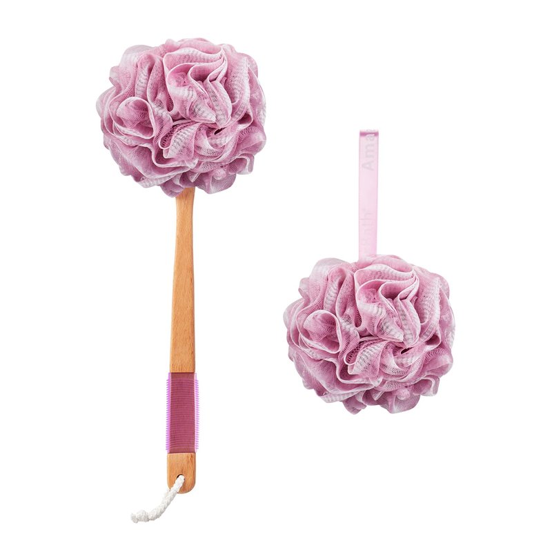 AmazerBath Shower Sponge Loofah Back Scrubber, PE Soft Mesh Loofah Body Scrubber with Long Wooden Handle, Bath Sponge for Men Women (Pink)