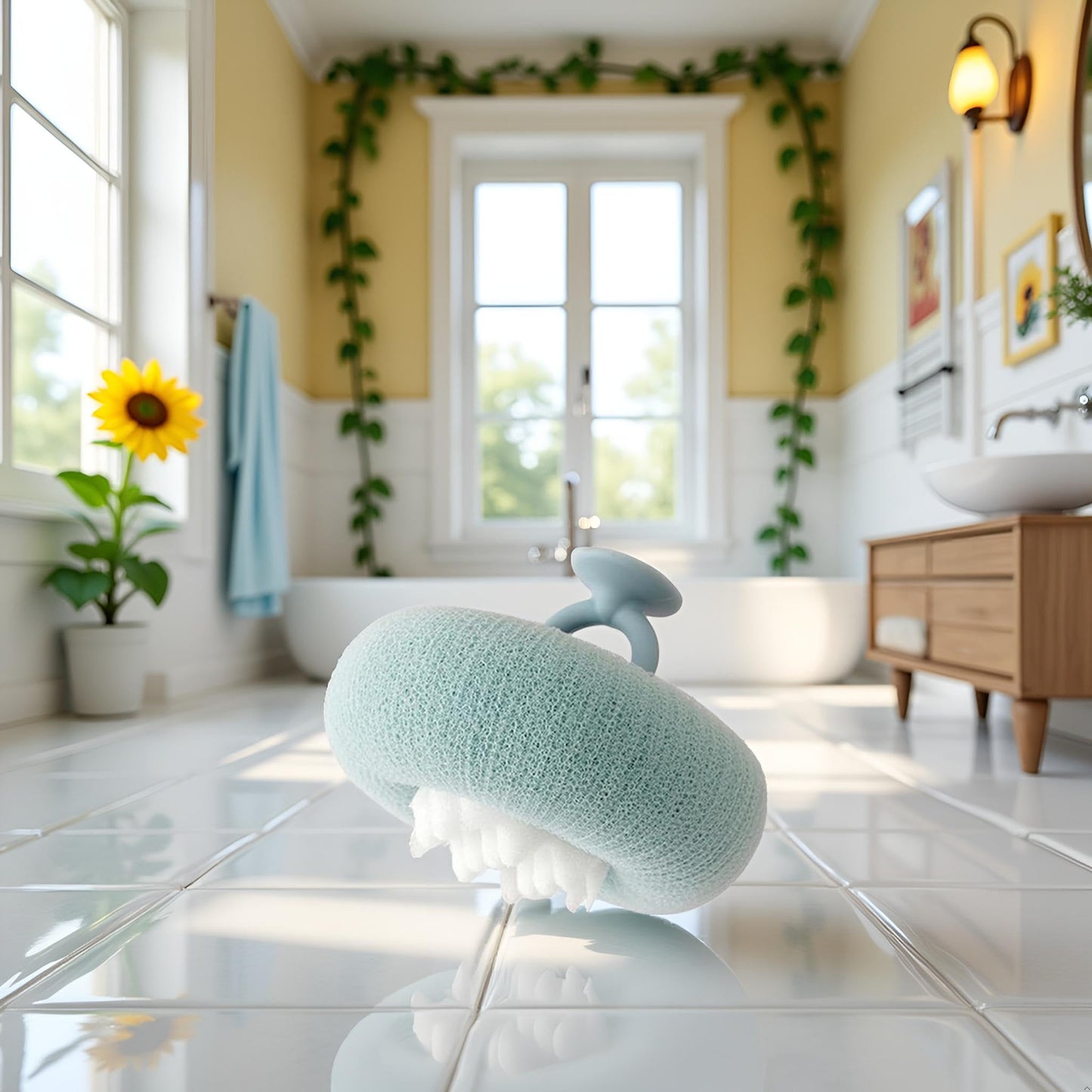 Lightcyan Suction Cup Bath Ball, Sunflower Suction Cup Bath Ball,Sunflower Exfoliating Body Scrubber, Bath Sponges Bath Sponge for Women and Men Shower Loofah Sponge