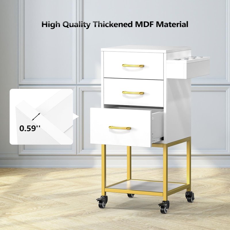 OmySalon Salon Storage Trolley Cart, White Gold Salon Station for Stylist, Beauty Wooden Hair Cabinet with Dryer Holder & Drawer, Hairdressing Tools Organizer Equipment for Spa Barbershop