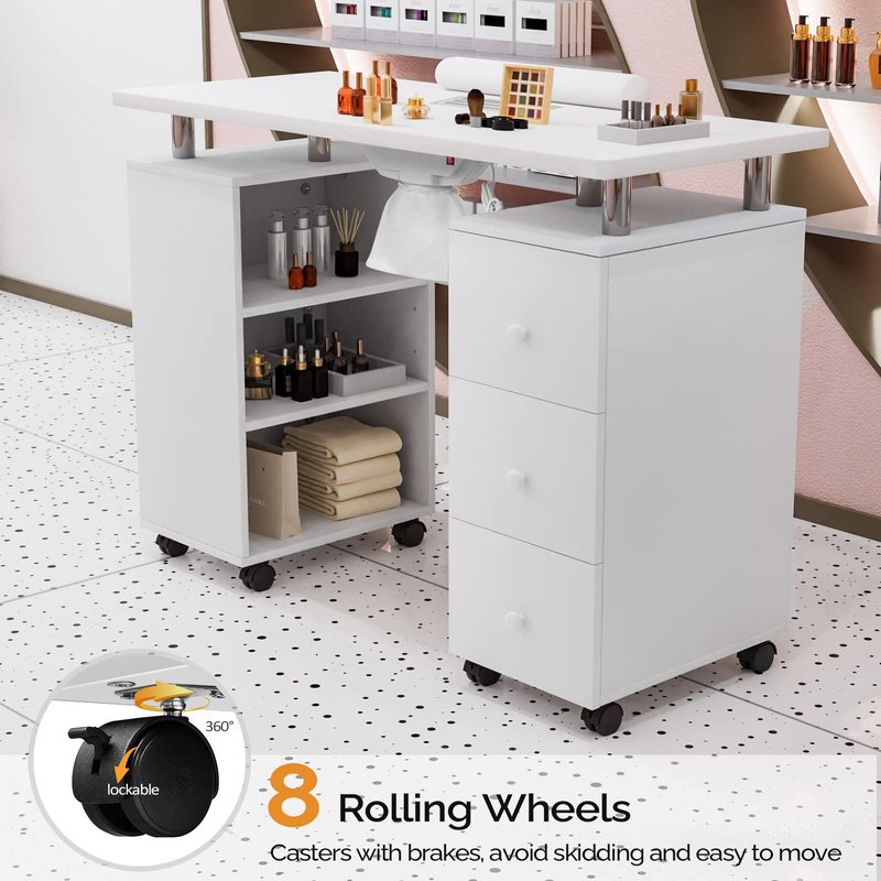 OmySalon Manicure Table Nail Desk for Nail Tech, Nail Table Beauty Salon Tech Station w/Electric Downdraft Vent, Lockable Wheels,Wrist Cushion,Storage Shelves & Drawers