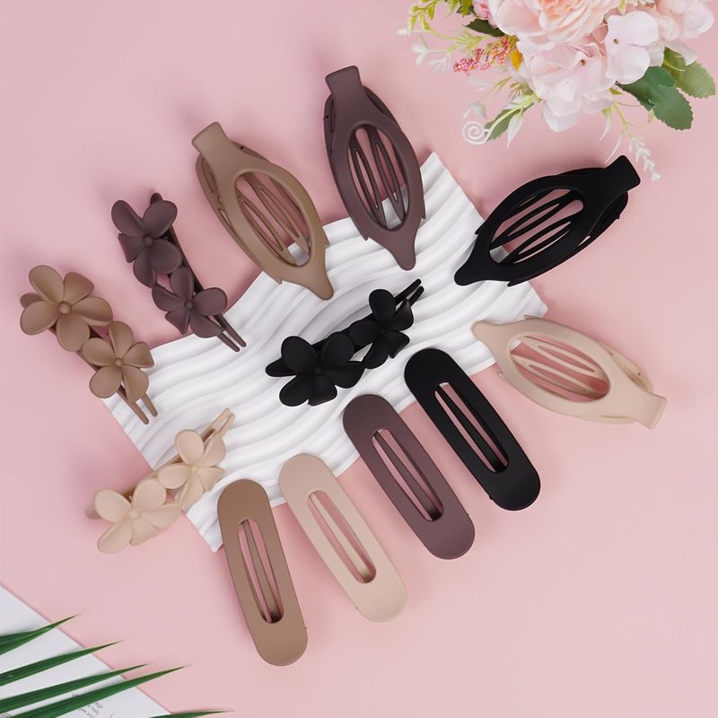 Flat Hair Clips Set - 12 Pack Matte Neutral Claw Clips & Barrettes | Strong Hold for Thick & Thin Hair in Black, Blonde, Brown