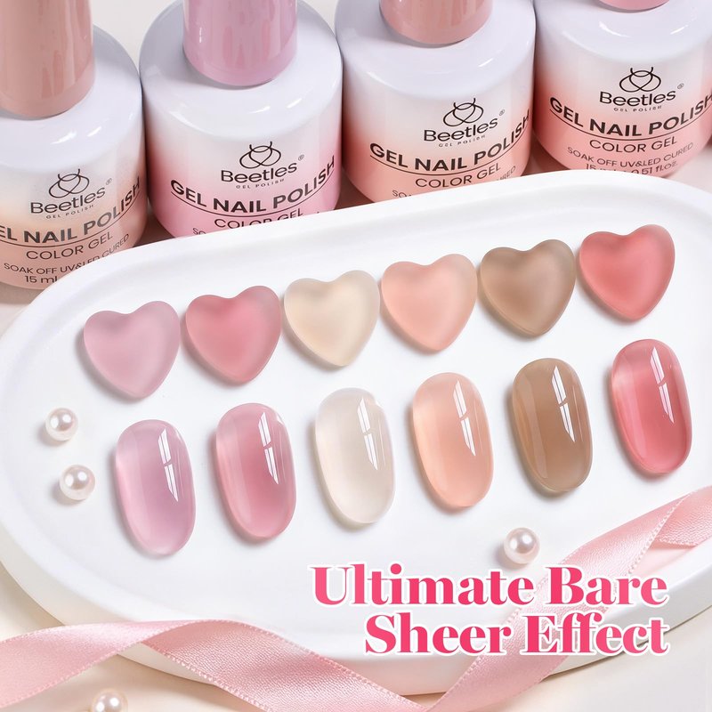 Beetles Sheer Blush Nude Gel Nail Polish Set - 6 Colors 15ML Full Size Nude Pink Brown Neutral Jelly Gel Polish Kit Sheer Translucent Effect Soak Off UV Nail Art Design Manicure Gift for Women