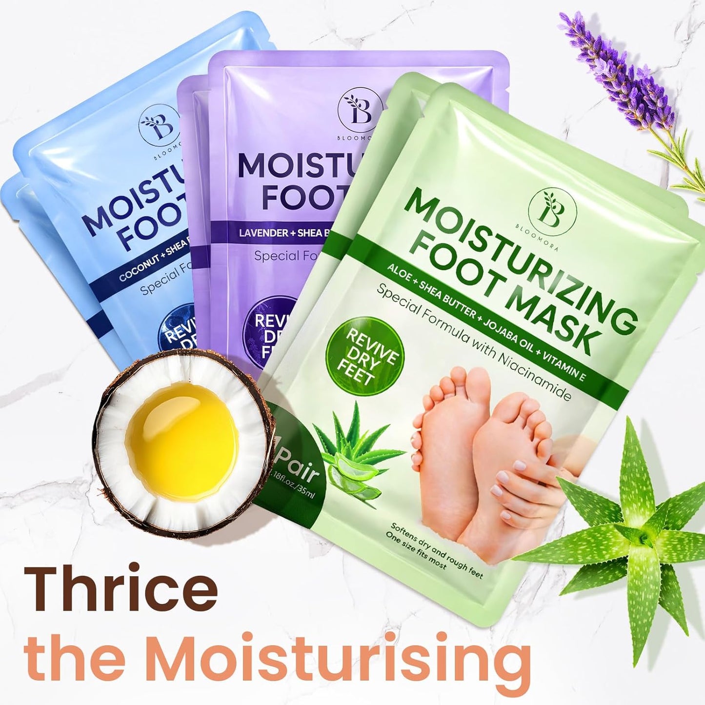 Skiennix Moisturizing Foot Mask - Hydrating & Restoring Treatment with Lavender, Shea Butter, Jojoba Oil | 6 Pack for Dry Cracked Feet