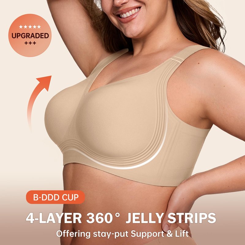 LetsJoli Jelly Bras for Women Supportive Wireless Push Up Bra Full Coverage No Underwire Seamless Plus Size for Older Women（Skin,XL
