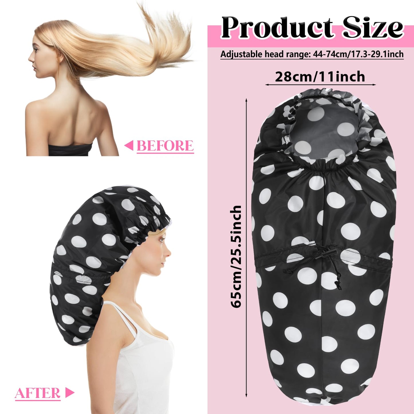 2 Pcs Large Shower Cap for Braids, Extra Long Shower Cap for Women Long Hair & Locs, Waterproof Hair Bonnets for Dreadlocks Drawstring Bath Caps for Women & Men (Polka Dots, Black)