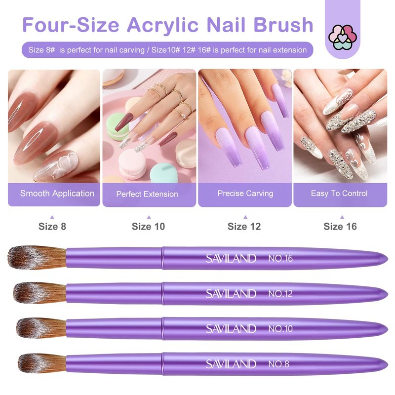 Saviland Acrylic Nail Brush Nail Kit: Acrylic Powder Nail Brush Kit with Shaping Tweezers Nail Forms Purple Nail Brushes Set Size 8 10 1216 for Acrylic Application Nails Art Extension 3D Carving
