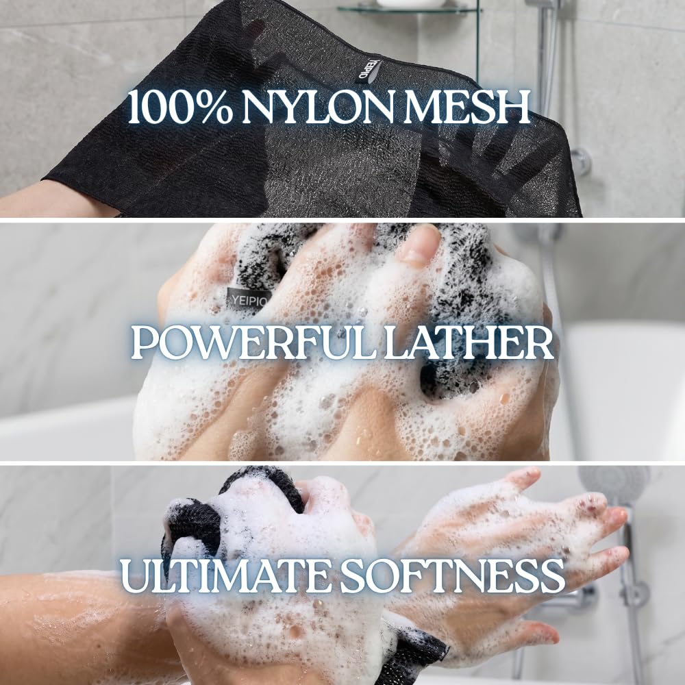 YEIPIO Premium Exfoliating Shower Towel - Extra Long Back Scrubber for Shower, Deep-Cleansing Body Scrubber Washcloth for Smooth Skin, Back Acne-Prone & Rough Skin, Quick-Drying Nylon Mesh