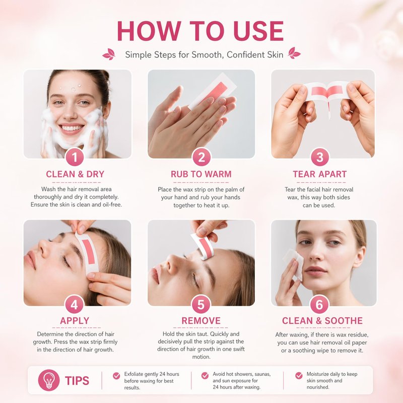 48Pcs Facial Wax Strips for Women, Upper Lip & Eyebrow Hair Removal, Hypoallergenic for Sensitive Skin, Removes Even Short Hair, Up to 5 Weeks Smooth, Easy No-Heat Waxing Kit