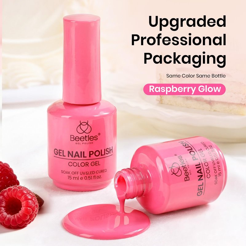 Beetles Hot Pink Gel Polish - Raspberry Mousse 15ML/0.51Fl Oz, Neon Pink Gel Nail Polish, Same Color Bottle, Soak Off UV LED Lamp Summer Nails Art, Long-Lasting Manicure Salon DIY Neon Nails Home