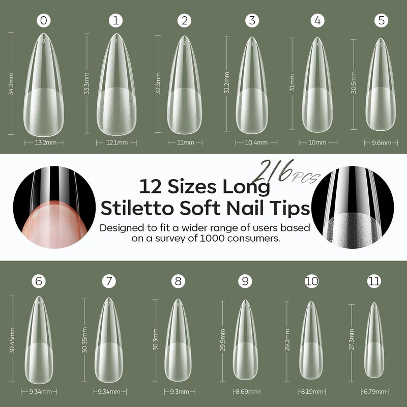 Modelones Long Stiletto Nail Tips - Pre-shaped Soft Gel Full Cover Fake Nails | 216PCS, 12 Sizes