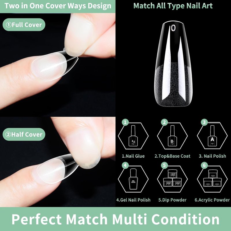 Long Coffin Nail Tips - 216pcs Acrylic Ballerina Fake Nails | Matte Clear Pre-Shaped Full Cover for DIY Manicure, 12 Sizes