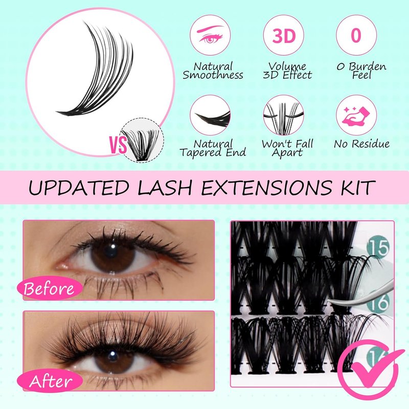 FADVAN Eyelash Extension Kit - 280pcs Mixed Individual Lash Clusters 9-16mm | Includes Bond, Seal & Tweezers