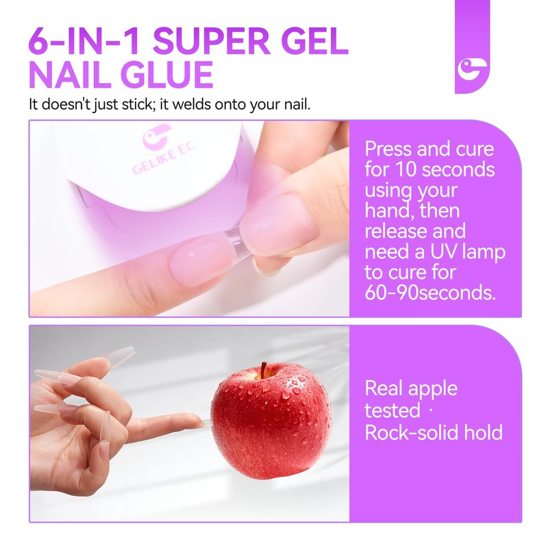 Gelike EC 6 in 1 Nail Glue Gel: 2 Pcs Nail Glue for Acrylic Nail Tips - 28+ Days Long Lasting Nail Gel Kit for False Nails Tips, Base Blooming Nail Gel, U V Light Required, Gift for Women