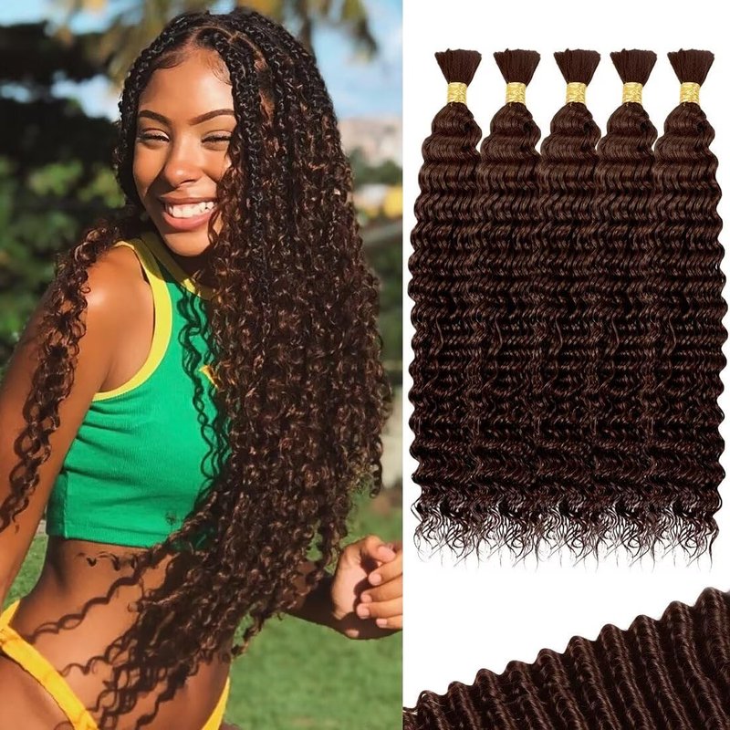 160g 5 Bundles Chocolate Brown Human Braiding Hair - Deep Water Wave,16 Inch, Color4, Curly, Boho Braids, No Weft, 5 Braids Per Pack, Wet and Wavy