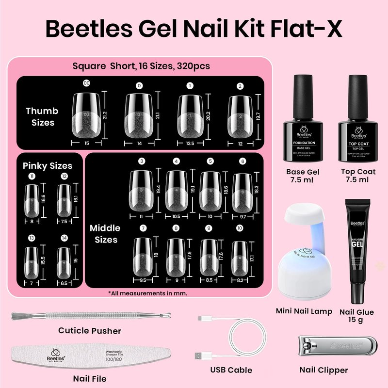 Beetles Gel Nail Kit Flat-X, Square Short, 320pcs 16 Sizes Nail tips, with 15g Nail Glue Gel Hands-Free, 7.5ml Base Gel & Top Coat, Mini Lamp, for Acrylic Press On Nail, Extension DIY Set at Home