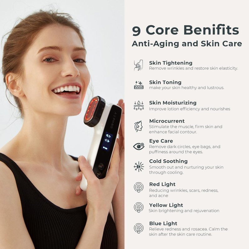 AEPHRO Radio Frequency Skin Tightening Machine, 6-in-1 Rechargeable Anti-Aging Skin Care Microcurrent Facial Device, Red Light, Wrinkle Remove, Rejuvenation, Skin-Firming, Coal Black and Pearl White