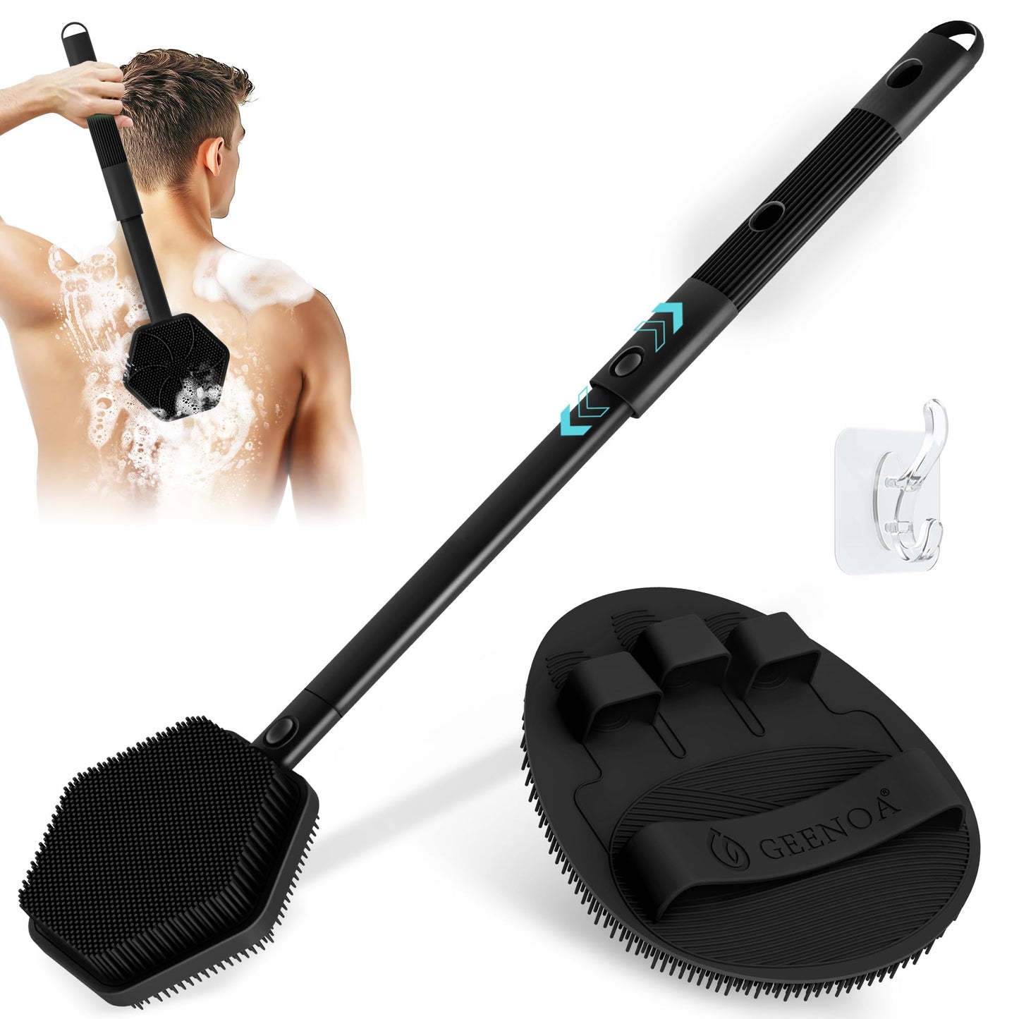 GEENOA Silicone Back Scrubber & Soft Bath Glove 2PCS, 16''- 21''Extendable Back Scrubber with Dual-Side Large Head, 360° Anti-Slip Hand-fit Silicone Body Scrubber for Rich Foaming Deep Cleaning(Black)