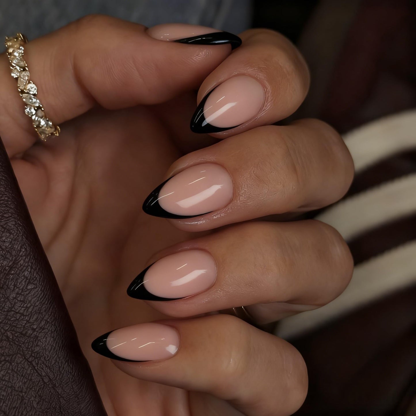 SXVME Press On Nails Short Almond, Black French Tip Press On Nails with Glue for Women, Natural French Fake Nails Press ons in 15 Sizes - 30 Soft Gel Glue On Nails Kit, Realistic Look, Classic