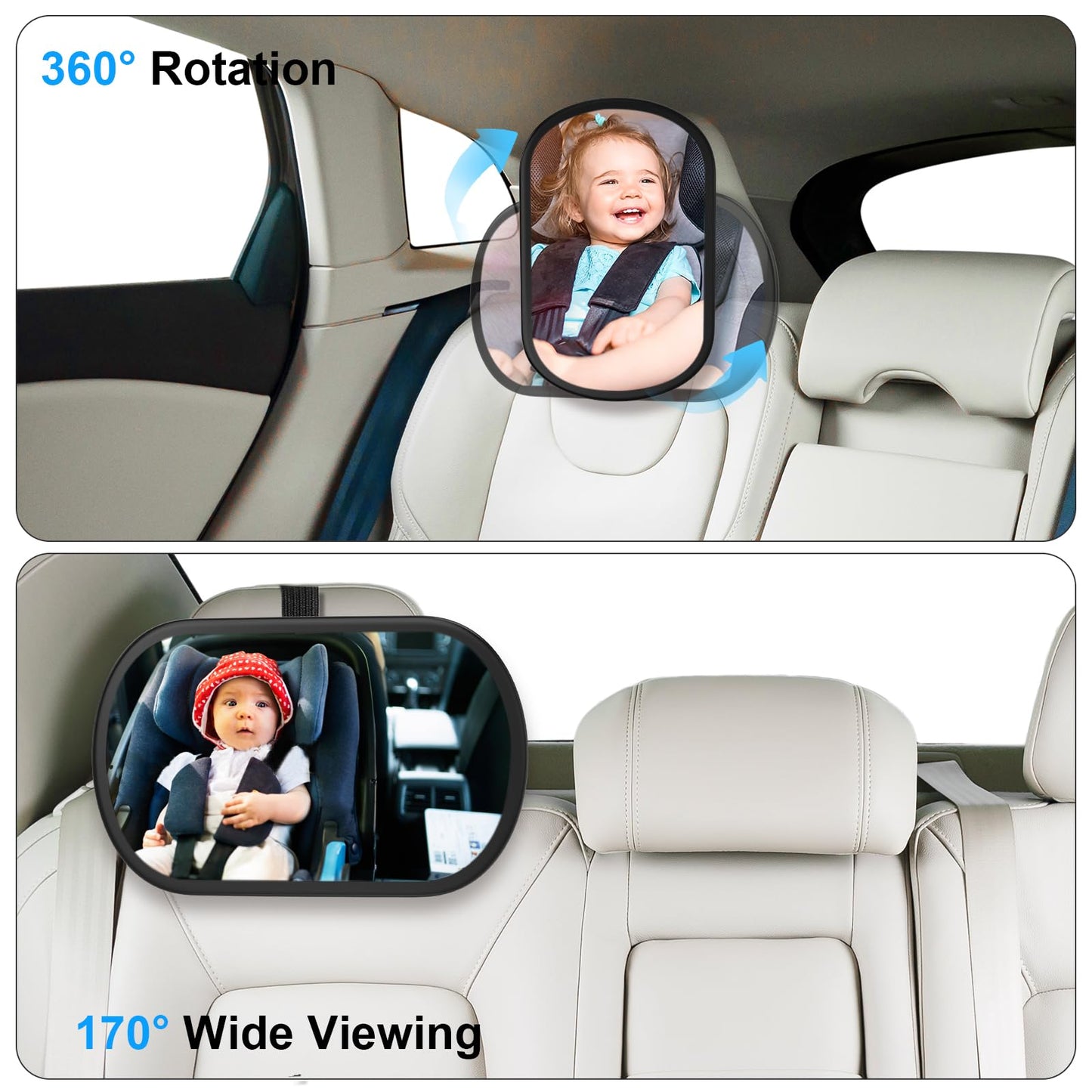 BOEYOS Baby Car Mirror, Safety Car Seat Mirror for Rear Facing Infant, Clear Wide View, 360°Rotation, Easily Observe the Baby Move, Secure, Shatterproof, Crash Tested and Certified (Black)