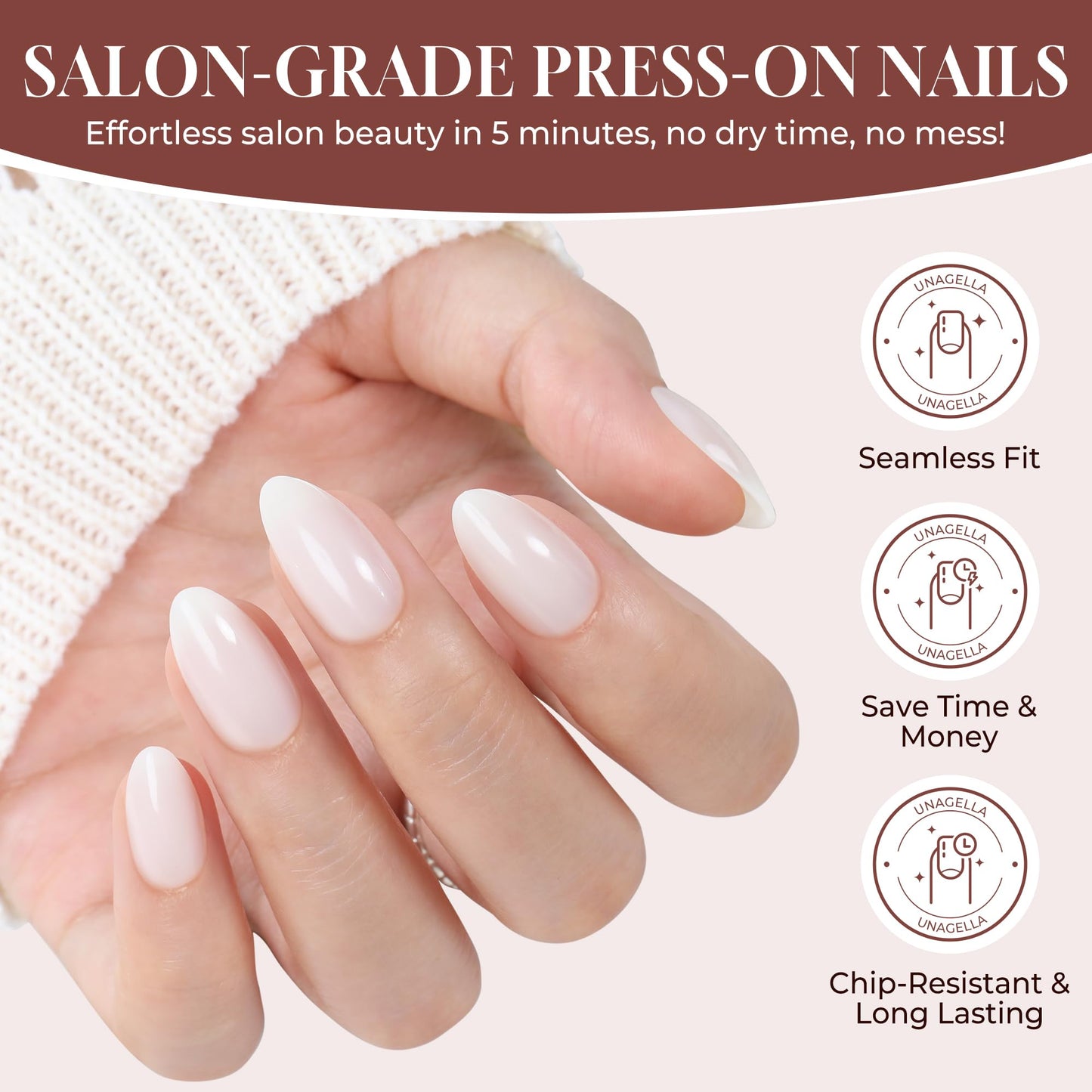 UNA GELLA White Press On Nails Short: Almond Soft Gel Press Ons Kit with Nail Tips Glue on Nails, 16 Sizes - 32 Reusable Fake Nails Kit, Milky White