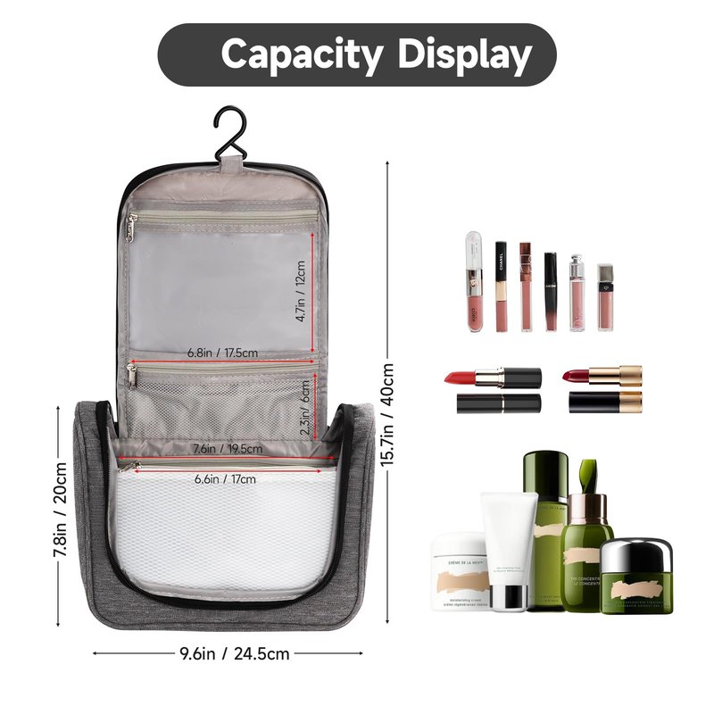 Posprica Hanging Toiletry Bag with Hook - Waterproof Travel Organizer with Multiple Compartments, Portable Cosmetic Makeup Bag for Women Men, Bathroom Gym Travel
