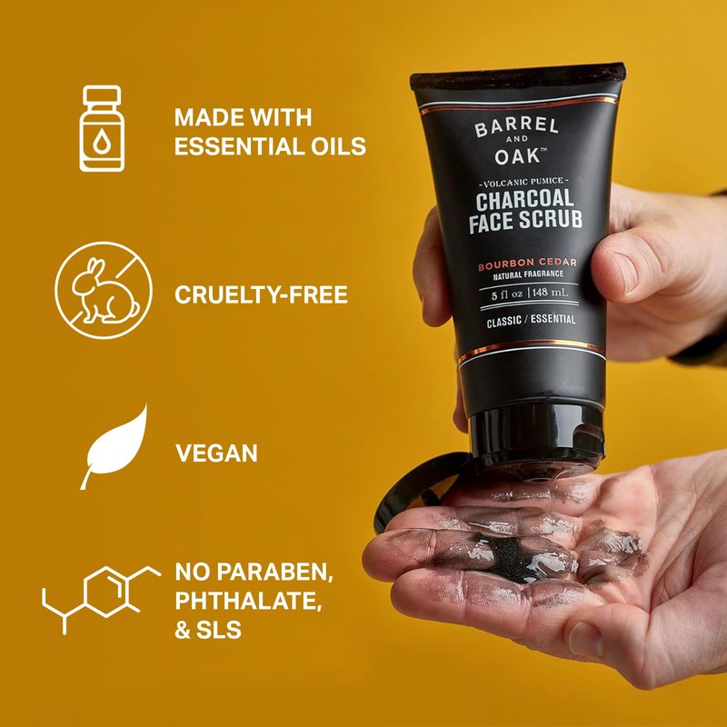 Barrel and Oak Volcanic Pumice & Charcoal Face Scrub for Men, Deep Exfoliating Face Scrub for Dead Skin & Clogged Pores, Promotes Healthy Beard Growth, Vegan, Bourbon Cedar, 5 oz