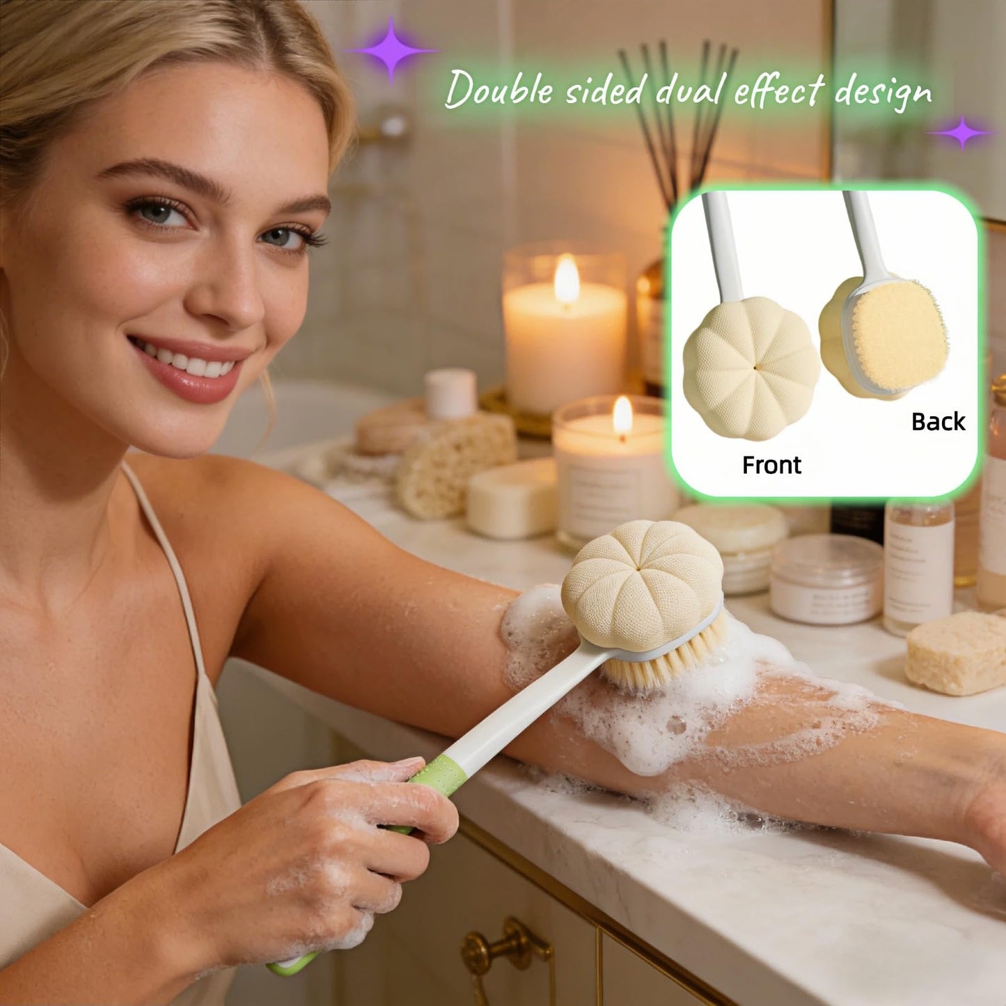 Dual-Sided Exfoliating Shower Brush, Soft Bristles & Loofah for Back Cleaning, Long Handle Back Scrubber for Deep Cleansing, Moisturizing Bath Sponge for Men Women
