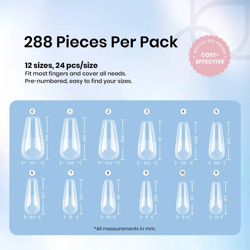 Beetles Gel Nail Tips 288 Pcs Medium Coffin Etch X Nail Tips 12 Sizes Half Matte Press On Nails Full Cover False Nails for Nail Extensions Friendly for Beginner Women
