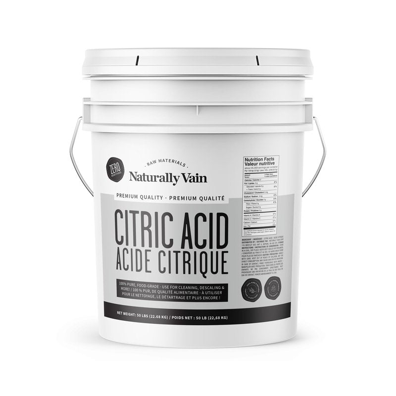 Naturally Vain Citric Acid Food-Grade, Pure Citric Acid Powder for Cleaning, Descaling, Flavoring, DIY Bath Bombs, Natural Preservative, Fine Granules, 50lb Resealable Bucket