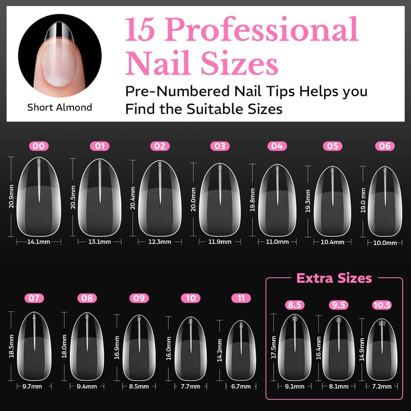 Short Almond Nail Tips, 600pcs Soft Gel Nail Tips Pre Etched Acrylic Fake Nails, Half Matte Full Cover Clear Press On False Nail Extensions for DIY Manicure at Home Nail Art 15 Sizes