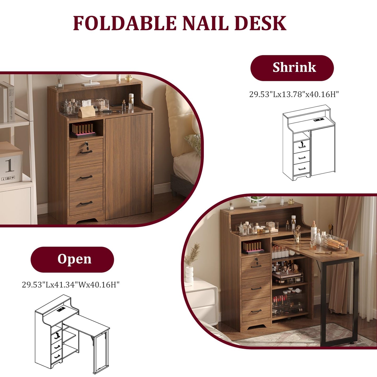WLLPNG Foldable Nail Desk for Nail Tech, Portable Manicure Table, L Shape Nail Table with Power Outlets & Lockable Drawer & Shelves, Professional Nail Tech Workstation for Home Salon (Walnut)