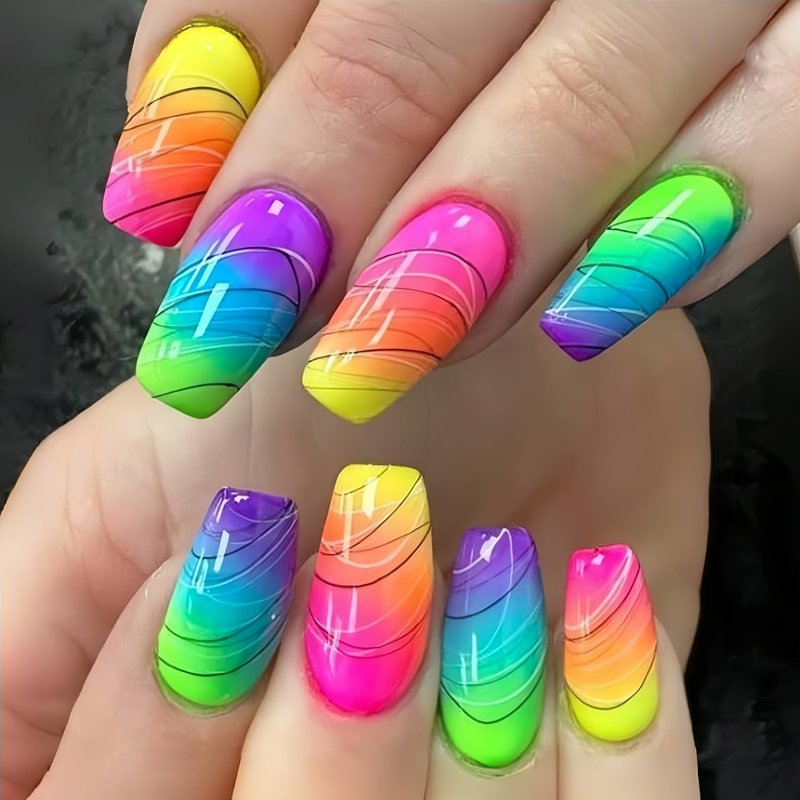 Skiennix Colorful Gradient Press-On Nails - Medium Coffin Shape with Rainbow Designs | 24 Pcs Glossy Acrylic Nail Art for Women & Girls