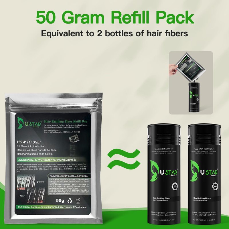 Hair Building Fibers 77.5g, USTAR 5 in 1 Hair Fibers for Thinning Hair with Holding Spray for Instantly Thicker, Fuller Look, Styling Hair Powder for Men & Women (Black)
