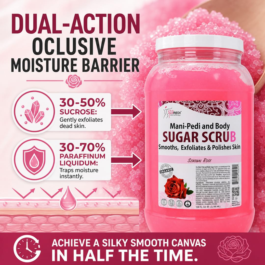 SPA REDI Sensual Rose Sugar Scrub | Dual-Action Exfoliation & Hydration Treatment | The Lotion-Step Eliminator for a Faster, More Profitable Service and Luxurious Deep Hydration 128 Oz