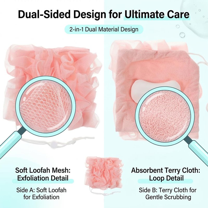 2 Pack Bar Soap Pouch Loofah 2 in 1 Bath Sponge Washable Bar Soap Loofah Washcloth Body Scrubber with Drawstring for Shower(White, Pink)