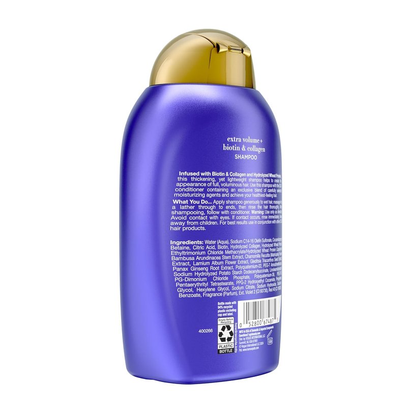 OGX Thick & Full + Biotin Collagen Extra Strength Volumizing Shampoo with Vitamin B7 Hydrolyzed Wheat Protein for Fine Hair. Sulfate-Free Surfactants Thicker, Fuller Hair, 13 Fl Oz