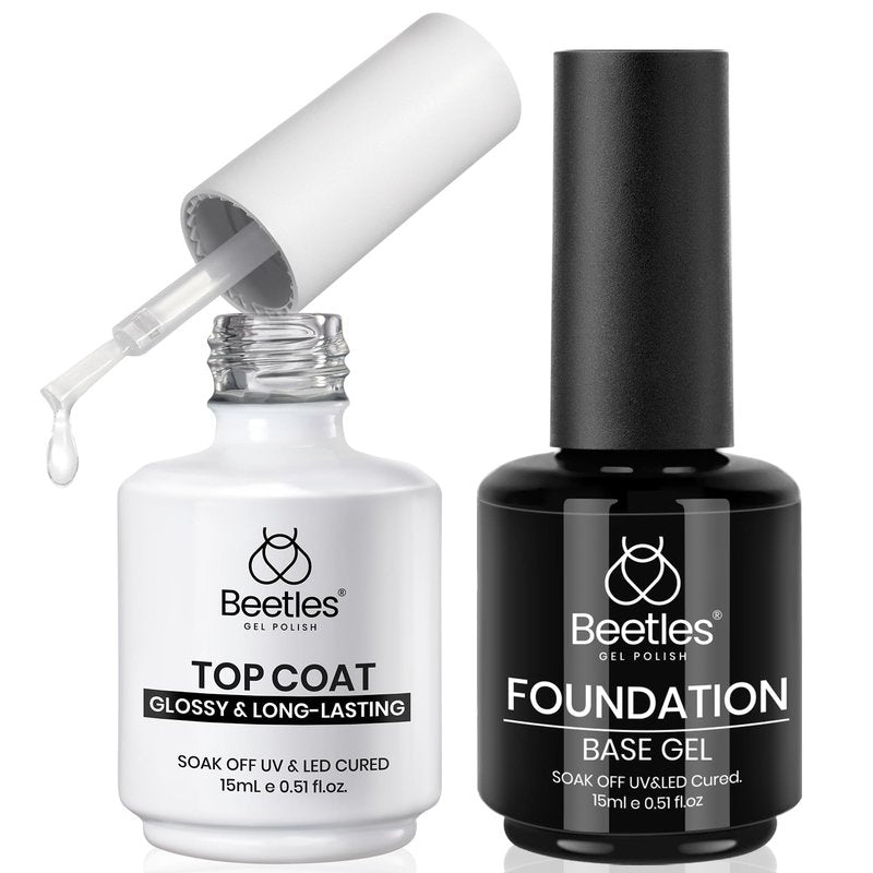 Beetles 2Pcs 15ml Base and Top Coat Set - Upgrade No Wipe Extra Glossy Gel Top Coat Finish & 15ml Nail Dehydrator and Primer - Acid Free & Hema-Free Natural Prep Dehydrate and Bond Primer