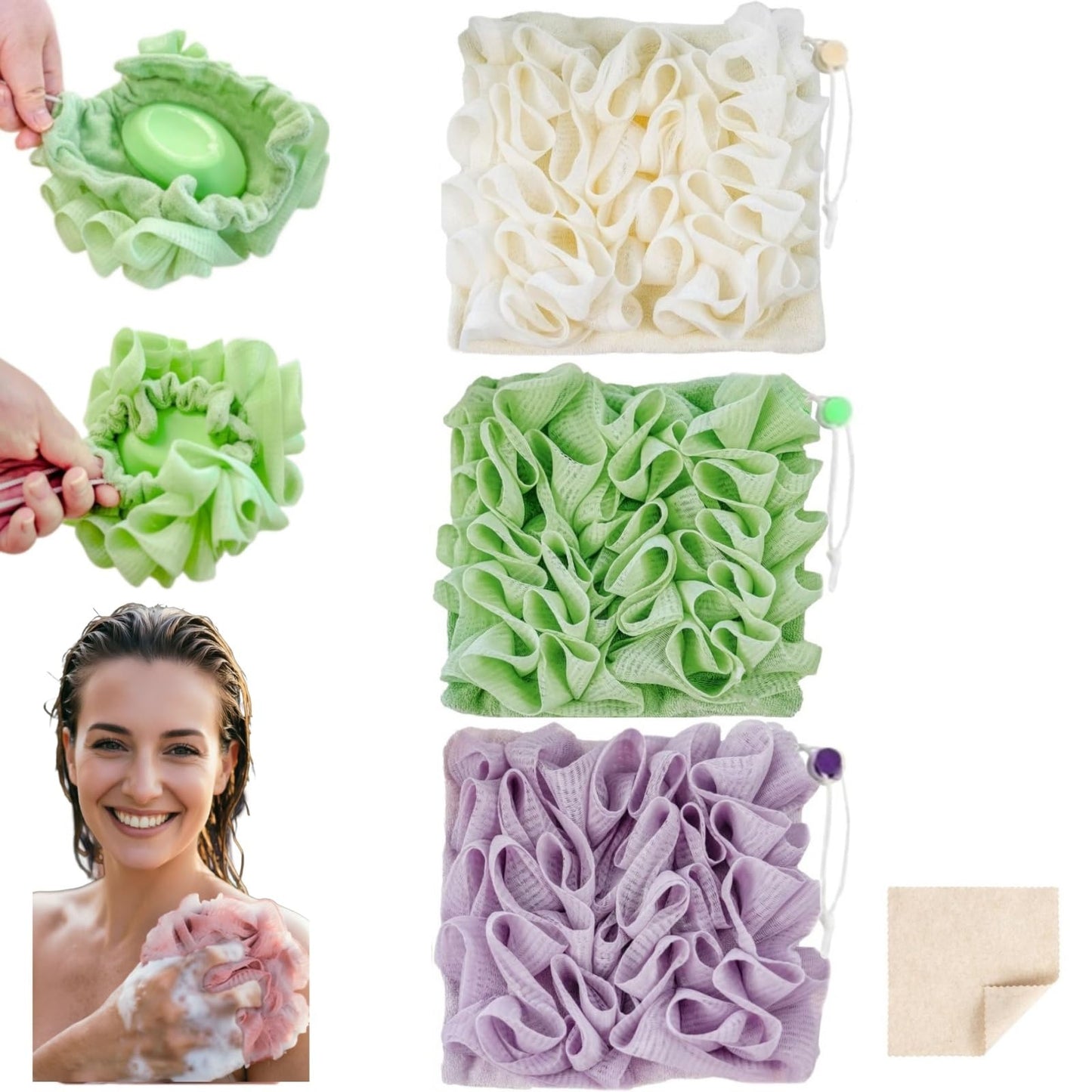 Washcloth Loofah Combo 2-in-1 Loufee Wash Cloth that Holds Bar Soap-Exfoliation Mesh Shower Ball for Body Wash&Smooth Skin+Free Loofah Dish Towel