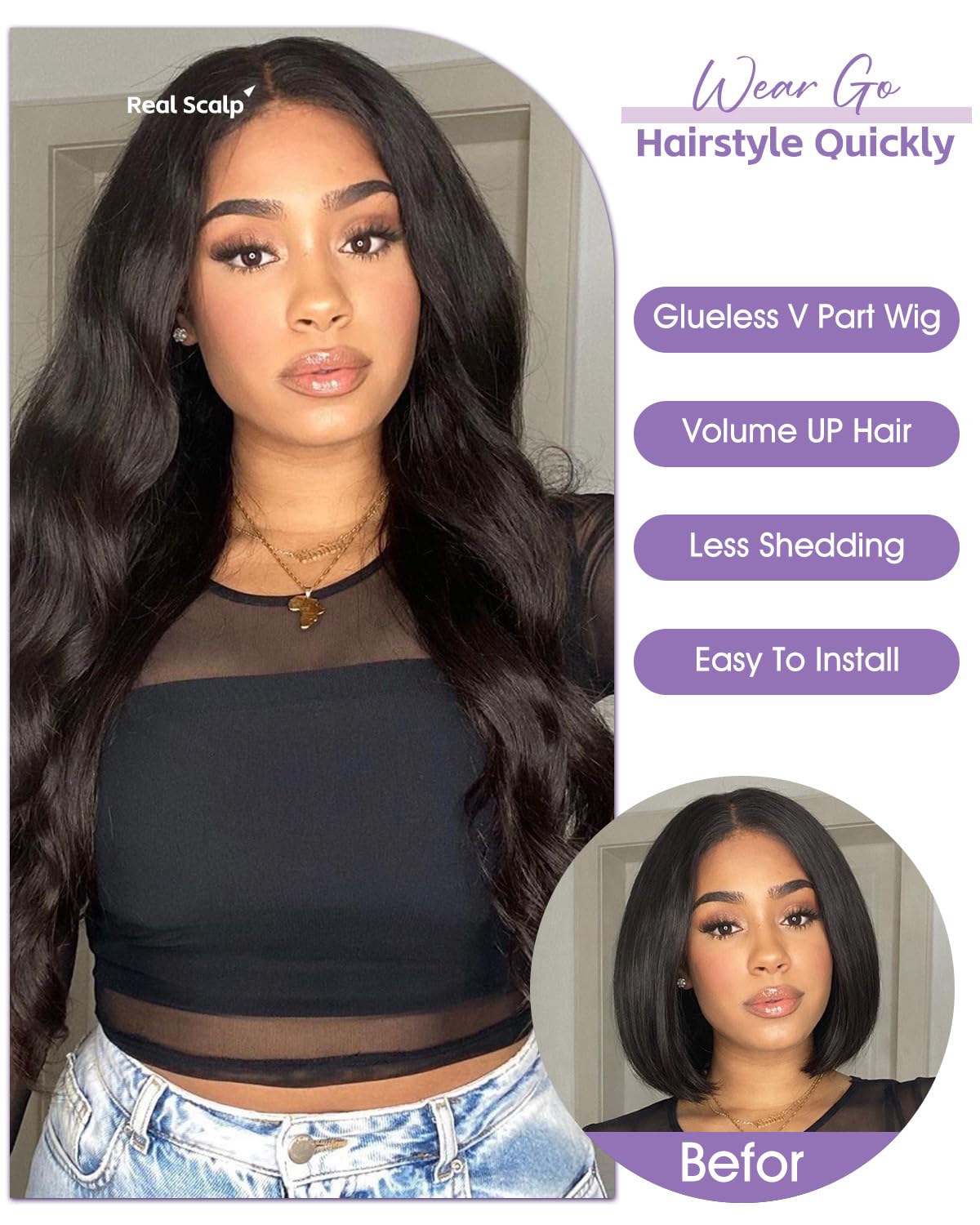 WEAR GO V Part Wig Human Hair Body Wave Upgrade U Part Human Hair Wig With Drawstring No Glue No Sew in 180% Density V Shape Clip In Half Wig For Women Natural Color 24 Inch