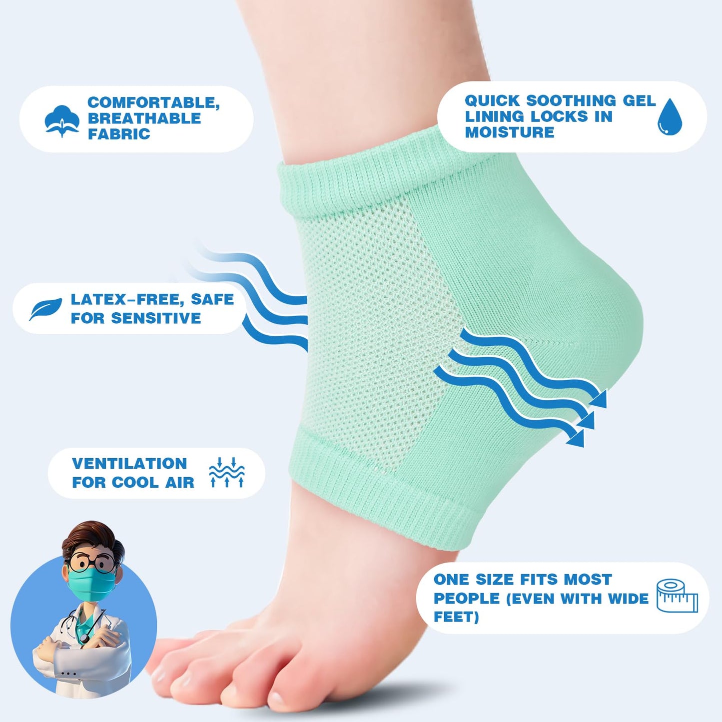 TEAWOO Moisturizing Heel Socks - 6 Pairs for Dry Cracked Feet, Toeless Gel Socks for Hydration and Repair