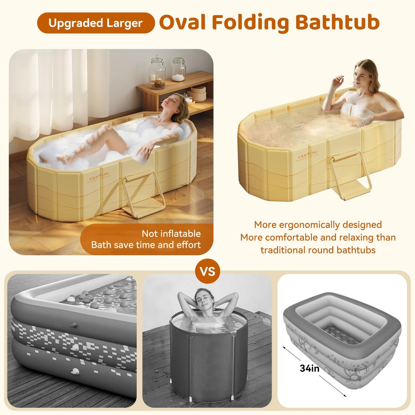 HLCZLUZ Portable Bathtub, Foldable Bathtub No Installation, Bathroom SPA Soaking Tub, Shower Stall Collapsible Hot & Ice Bath Tub (Light Pink, 29.5"L x 17.7"W x 9.8"H)