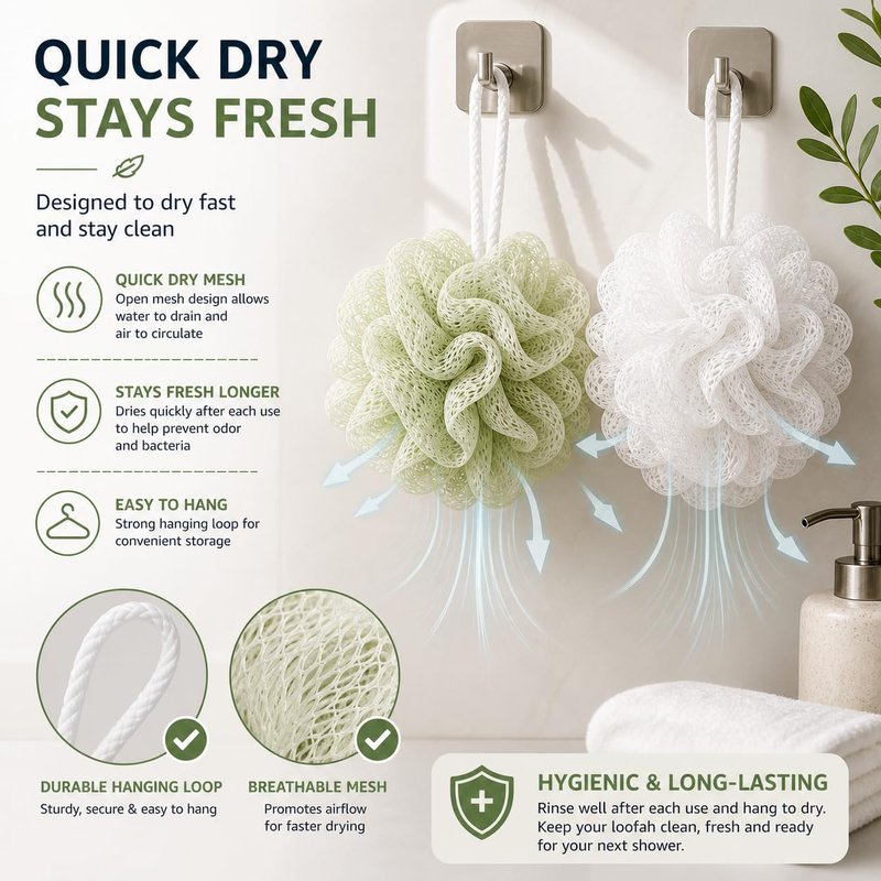 ADFOS Bath Sponge Loofah Pack of 4 Extra Large 60g Mesh Shower Pouf Set, Soft Exfoliating Body Scrubber, Rich Lather for Women & Men, Quick Dry Shower Accessories, PE Material