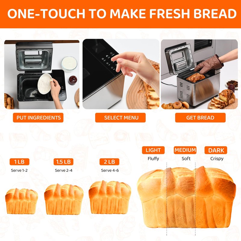 25-IN-1 Automatic Bread Machine | 2lb Size with Visible Lid, Auto Nut Dispenser, One-Touch Display, 13-Hour Delay Timer & Recipes – Easy to Use, High Success for Homemade Bread. Dark Gray
