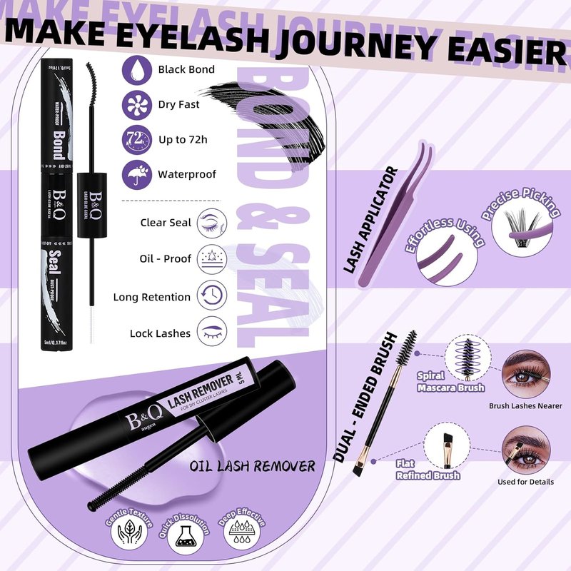 Eyelash Extension Kit - 50D D Curl Lash Clusters with Bottom Lashes | DIY 10-18mm Applicator Set